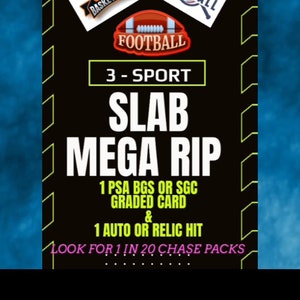 Paquete SLAB MEGA RIP de 3 deportes: baloncesto, béisbol y fútbol: 1 tarjeta SLAB con calificación PsA BgS o SgC y 1 tarjeta HiT automática o de reliquia