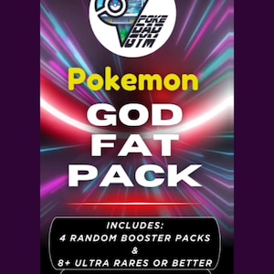PAQUETE GOD FAT de Pokémon: 4 paquetes aleatorios y más de 8 Pokémon Gx, Ex, VMax, Secretos, Full-Arts, Rainbow Rares, Gold, Ultras, Hypers y ++