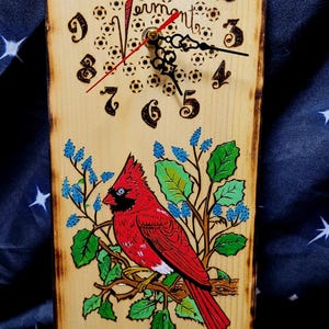 Handmade Pyrography Cardinal Wooden Clock – Painted Acrylic Art