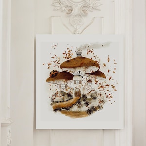 Brown mushroom house art print | Digital download | Wall art | autumn Illustration | mushroom illustration | fall decor | home decor
