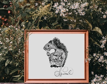 Double Exposure Squirrel Sketch | Illustration | Printable Drawing | Digital Download | Farmhouse Art Print | Fine Art