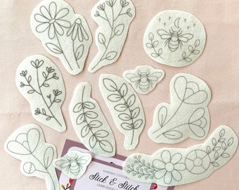 Blooms and bees stick and stitch embroidery pattern, diy embroidery for beginner or intermediate