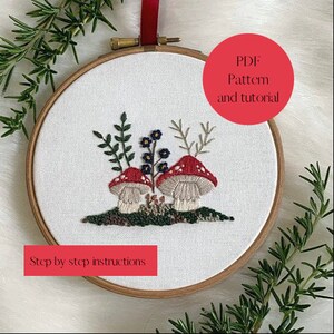 Toadstools embroidery pattern and tutorial, suitable for beginners, beautiful diy gift, home decor, forest, woodland theme, moss, mushrooms