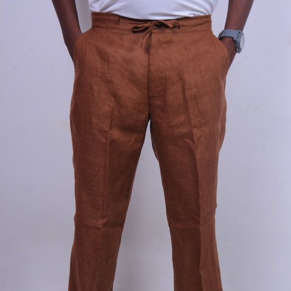 Mens Linen Beach Wedding  Draw String Pants,in Rust Brown,Plus, Tall, Big and Custom Size