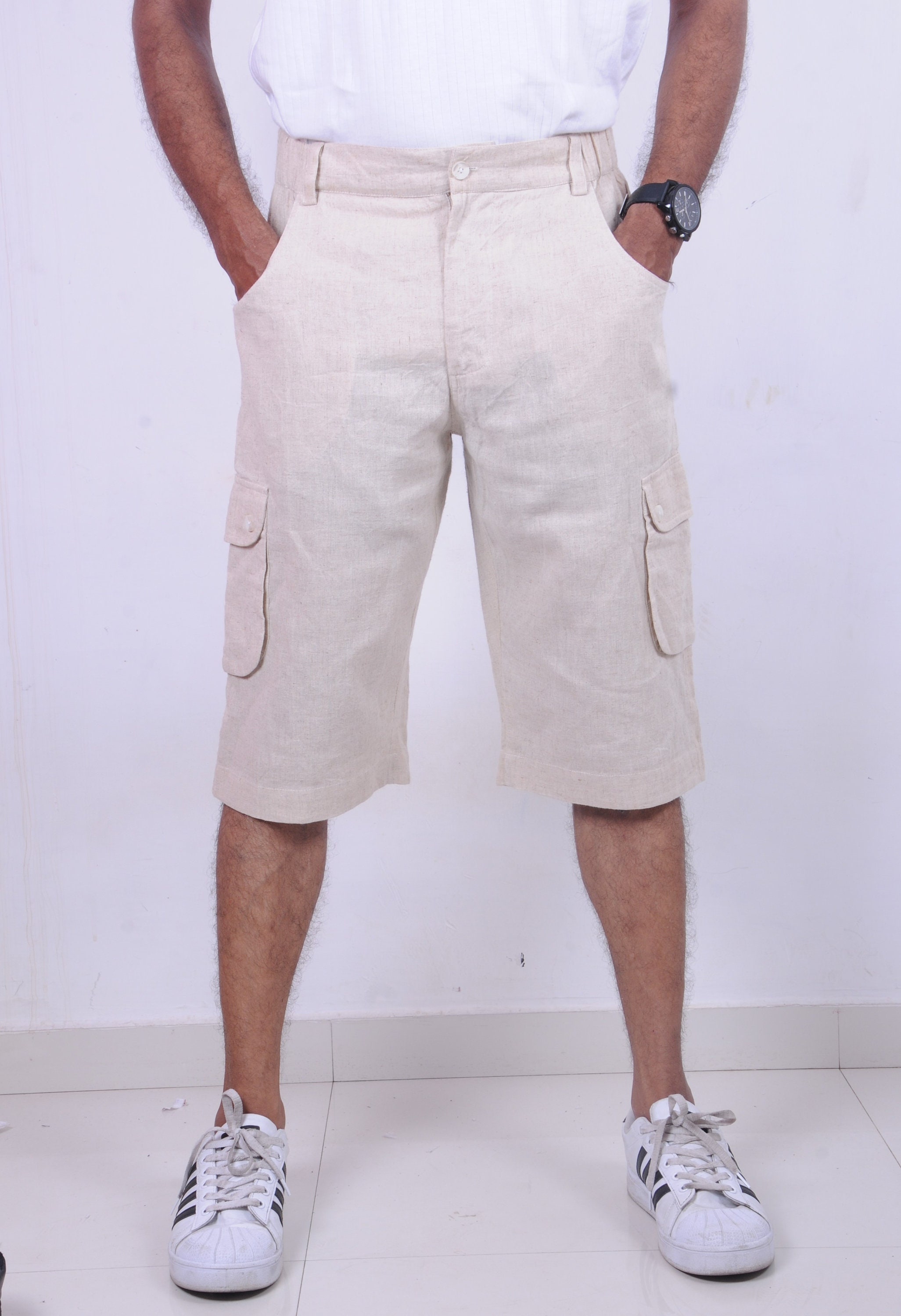 Mens Linen Cargo Shorts, Zipper Fly,in Natural Light Plus, Tall, Big