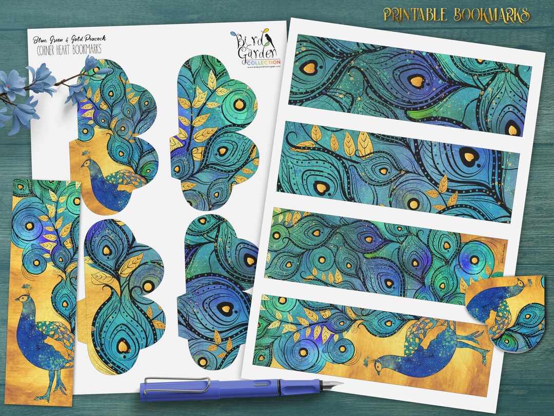 Blue Peacock Printable Bookmarks, Printable Bookmarks, Heart Bookmarks