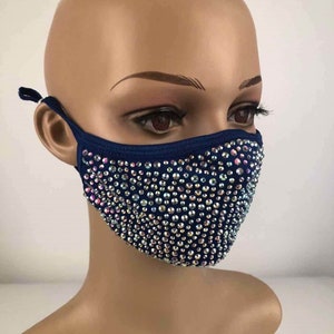 Bling Face Mask With Rhinestone Fashion Mask With Filter Pocket Navy W/AB Stones