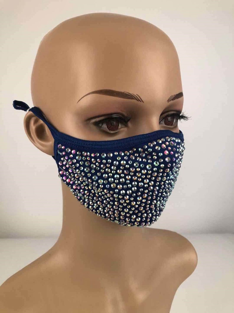 Bling Face Mask With Rhinestone Fashion Mask With Filter Pocket Navy W/AB Stones