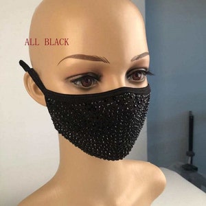 Bling Face Mask With Rhinestone Fashion Mask With Filter Pocket All Black 1pc