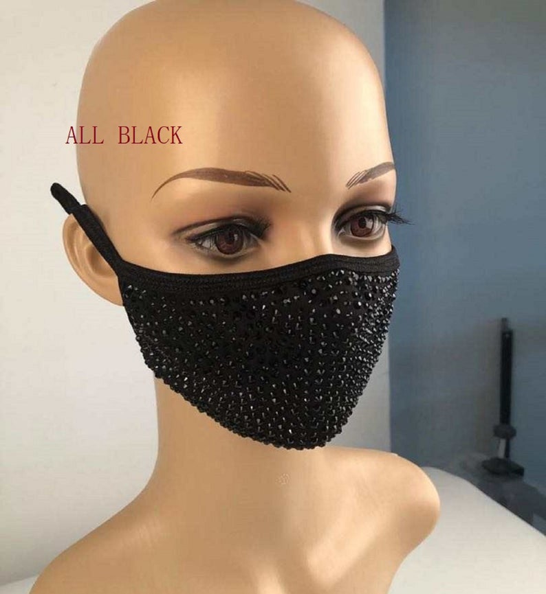 Bling Face Mask With Rhinestone Fashion Mask With Filter Pocket All Black 1pc