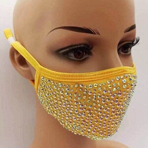 Bling Face Mask With Rhinestone Fashion Mask With Filter Pocket Yellow 1PC