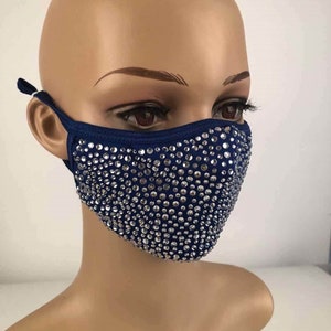 Bling Face Mask With Rhinestone Fashion Mask With Filter Pocket Navy W/Clear Stones