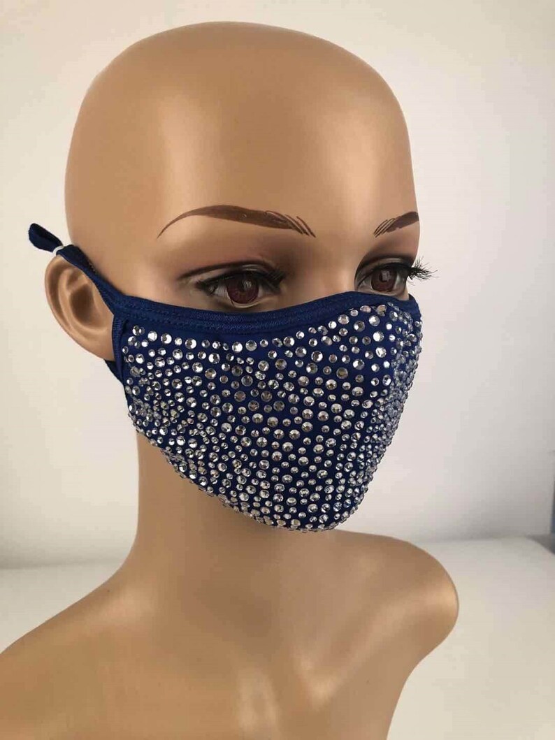 Bling Face Mask With Rhinestone Fashion Mask With Filter Pocket Navy W/Clear Stones