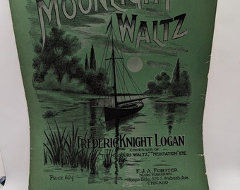 Piano sheet music. Vintage piano sheet music. The face of this sheet music book has nice artistry. The song is moonlight Waltz.