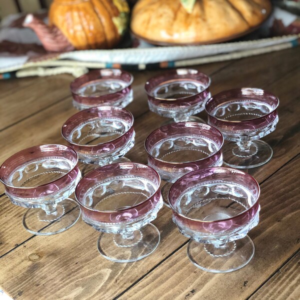 Vintage Ruby Flash Reyes Corona Pulgar Impresión Rojo Gafas Claras Sherbert Helado Helado Postre Goblets Cups de Champán - 8 pc SET