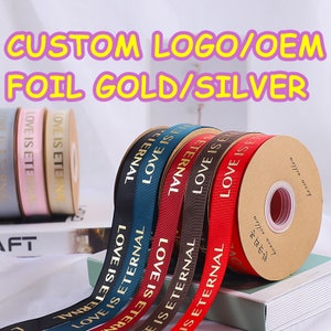 Nastro grosgrain in lamina d'argento e oro 3D personalizzato da 100 metri, logo stampato, fai da te, decorazione OEM, regalo F126