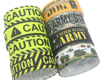 DUWES 7/8'' 22mm 5yards Caution Army Printed Grosgrain Ribbon Accessory Hairbow Headwear Decoration DIY Wholesale OEM F30