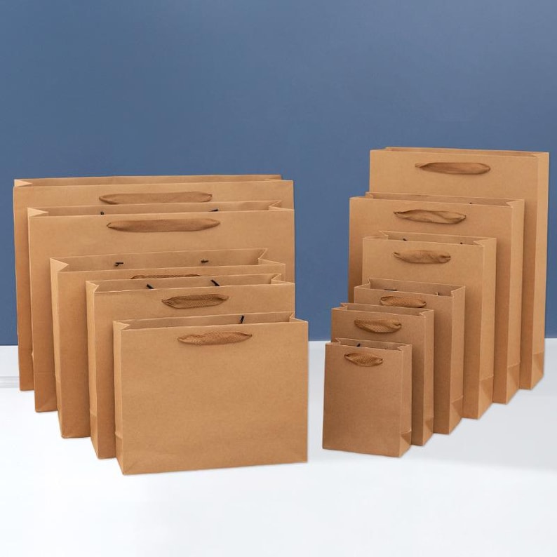 May include: A set of brown paper gift bags of various sizes with black handles. The bags are arranged in a staggered pattern on a white surface.