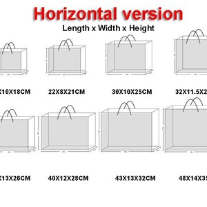 May include: Diagram showing eight different sizes of paper gift bags with handles. The bags are all white and have black outlines. The dimensions of each bag are listed below the bag in inches.