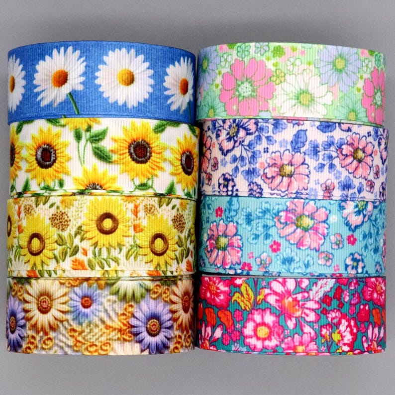 22mm 5yards Flower Sunflower Printed Grosgrain Ribbon Accessory Hairbow ...