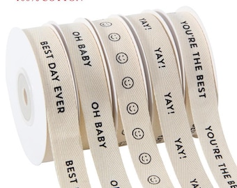 16mm 100% Cotton Herringbone Ribbon Happy Birthday YAY Thank you Smile Printed DIY Gift Packing Decoration