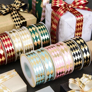 DUWES 25yards Foil Gold Rhombus Satin Ribbon Cake Box Packaging Flowers Decorative Bow DIY Decoration Wedding F145