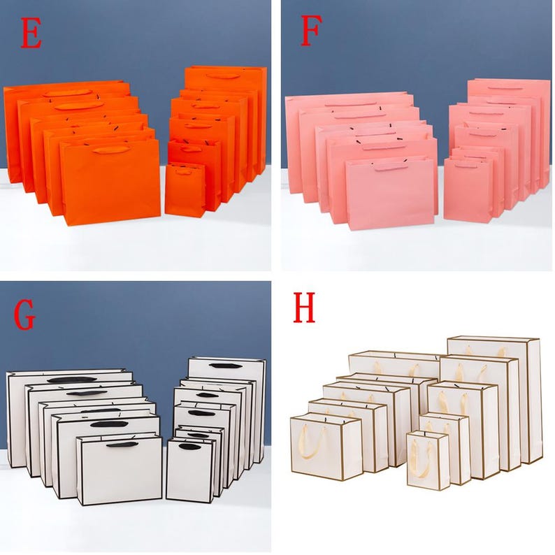 May include: Set of 10 orange, pink, and white paper gift bags with black handles. The bags are arranged in size order from smallest to largest.