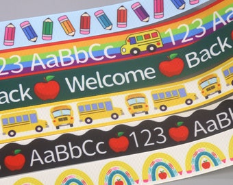 DUWES 7/8&#39;&#39; 5yards School Bus 123ABC Printed Grosgrain Ribbon Accessory Hairbow Headwear Decoration DIY Wholesale OEM F159