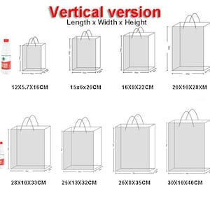 May include: Diagram showing different sizes of paper gift bags with measurements in inches. The bags are all white and have a simple design. The measurements are listed below each bag.