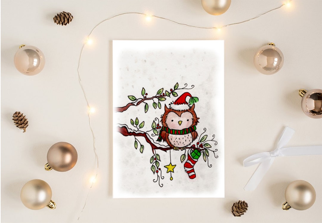 Personalized Watercolor Christmas Card Cute Characters Owl With ...