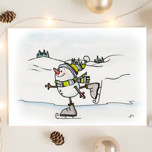 Personalized Watercolor Christmas Card | Cute Characters | Snowman Ice Skating | Snowpeople | Snowperson