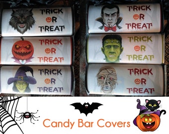 May include: Six Halloween-themed candy bar wrappers with the text "Trick or Treat" printed on each. The wrappers feature various spooky characters, including a werewolf, a pumpkin, a witch, a vampire, Frankenstein's monster, and a mummy.