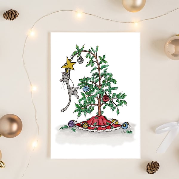 Personalized Watercolor Christmas Card | Cute Characters | Cat in Christmas Tree | Kitty Cat