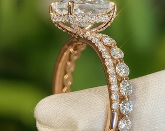 4CT Radiant Cut Diamond Engagement Ring, 14K Rose Gold Hidden Halo Bridal Set, Moissanite Diamond Cathedral Ring with Matching Eternity Band