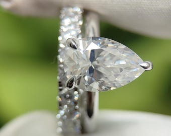 Pear Moissanite Engagement Ring Set, Vintage White Gold Bridal Set, Pear Shape Diamond Ring, Wedding Ring Set For Women Anniversary Ring
