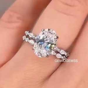 3CT Oval Moissanite engagement Ring Set Solid white gold engagement ring vintage marquise wedding band Bridal set Anniversary gift for her