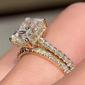 2.5 CT Radiant Cut Moissanite Ring, Full Eternity Matching Wedding Band, Unique Hidden Halo Bridal Ring Set, Anniversary Ring Gift For Her