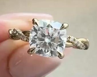 3.0 CT Cushion Cut Moissanite Engagement Ring, 14K Gold Cushion Cut Solitaire Ring, Hidden Halo Wedding Ring, Unique Promise Ring For Her