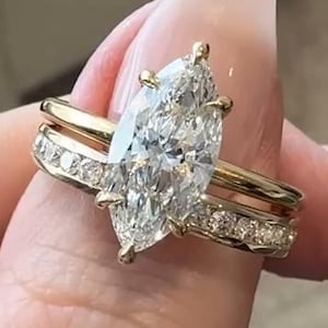 Marquise cut moissanite engagement ring set Unique Yellow gold engagement ring set with channel set band bridal set Anniversary Ring Set