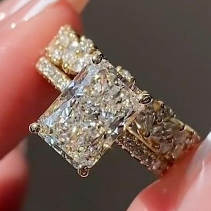 4.0 CT Radiant Cut Moissanite Ring, Yellow Gold Full Eternity Matching Wedding Band, Hidden Halo Bridal Ring Set, Anniversary Gift For Her