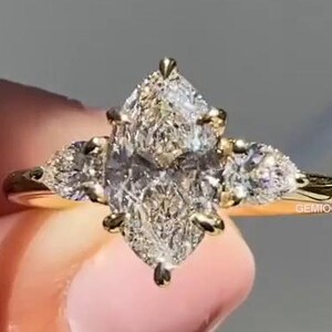 Marquise Moissanite Three Stone Ring, Yellow Gold Engagement Ring, Dainty Ethical Moissanite Diamond Alternative Promise Gift