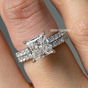 2 CT Princess Bridal Ring Set, Sterling Silver Wedding Ring, Princess Wedding Ring Sets, Moissanite Ring Set, Anniversary Promise Ring
