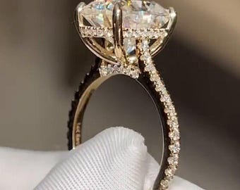 4.0 CT Elongated Cushion Cut Moissanite Diamond Ring Classic Hidden Halo Wedding Ring Solitaire Solid Gold Anniversary Gift For Her