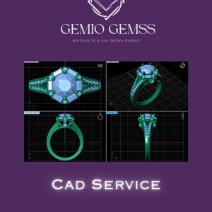 May include: A 3D rendering of a custom engagement ring design. The ring features a large, emerald-cut center stone surrounded by smaller stones. The ring is set in a white metal band. The image is labeled "CAD SERVICE" and "GEMIO GEMSS MOISSANITE & LAB GROWN DIAMOND".