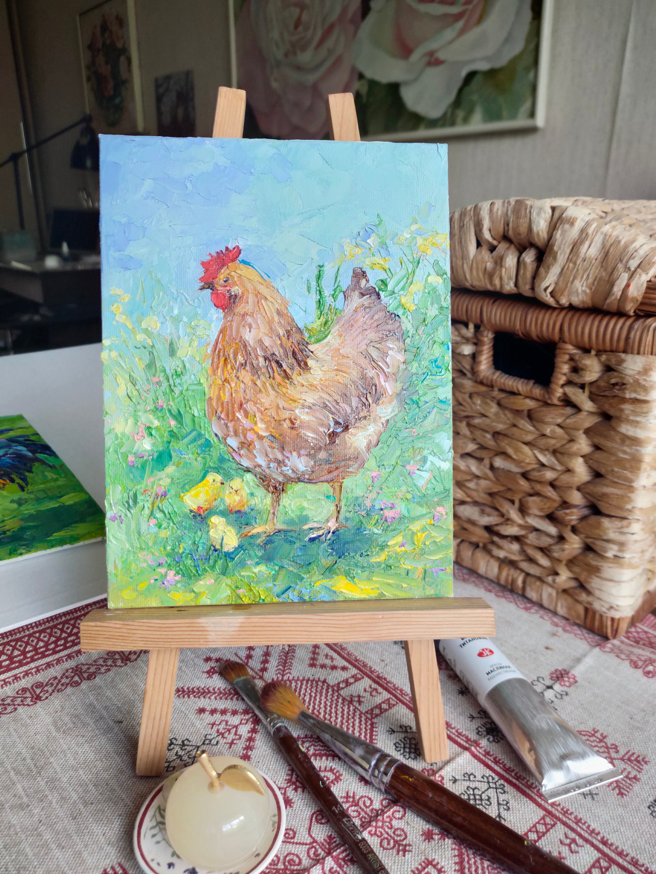 Hen Animals Oil Painting Original Art Hen and Chicks Farm Etsy