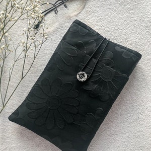 Black Flowers Book Sleeve with pocket for Kindle , Kindle Paperwhite Sleeve, Padded Kindle Case, Book Pouch with Closure, Booklovers gift