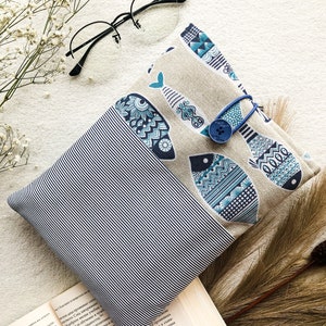 Fish Book Sleeve with Pocket for Kindle, Kindle Paperwhite Case, Blue Book Pouch, Kindle Sleeve,Book Pouch, Bible Cover, Book Club Gifts