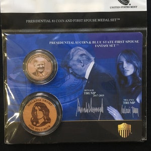 Trump Impeachment Blue State First Spouse Fantasy Set, Presidential Dollar Coin & Melania Wooden Medal