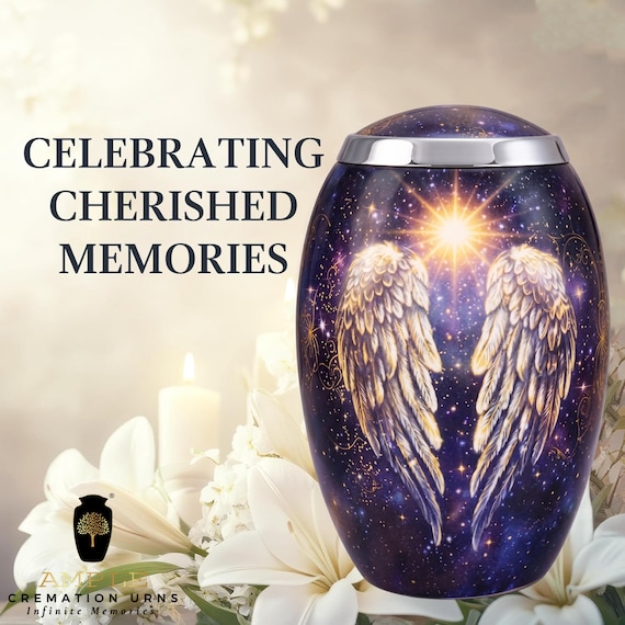 Angel Wings Cremation Urn for Human Ashes, Purple Galaxy and Golden Star Design, Celestial Memorial with Silver Tone Rim