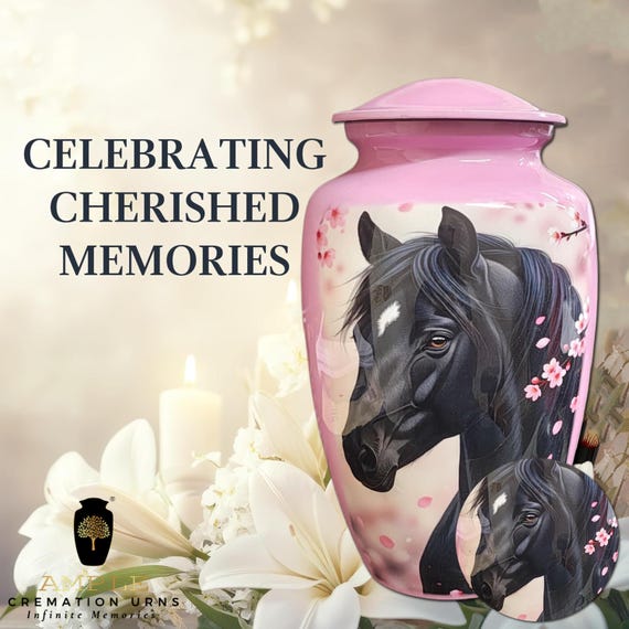 Black Horse Cremation Urn for Human Ashes - Pink Cherry Blossom Equestrian Memorial - Large Funeral Urn & Keepsake - Noble Steed Tribute